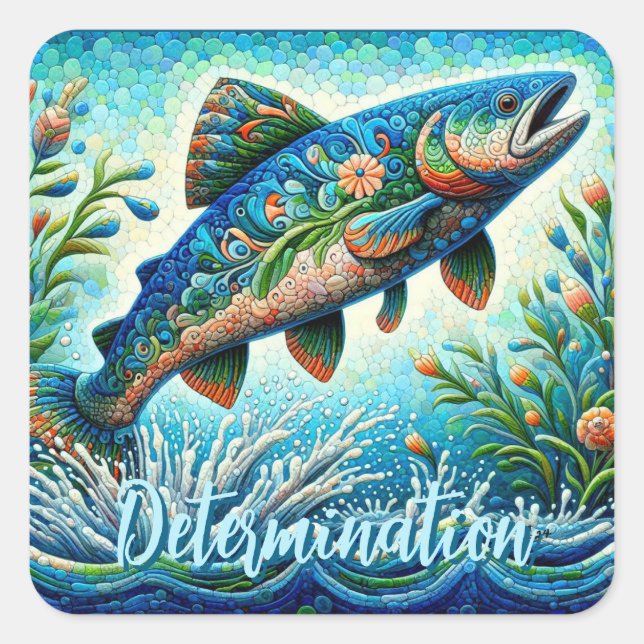 Lachs Jumping Mosaic Floral Blue Green Peach Quadratischer Aufkleber (Vorderseite)