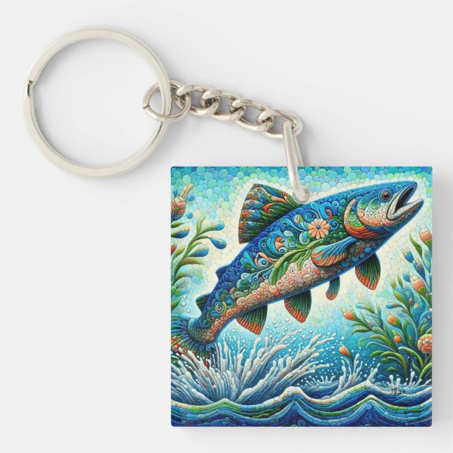 Lachs Jumping Mosaic Floral Blue Green Peach Schlüsselanhänger (Vorderseite)