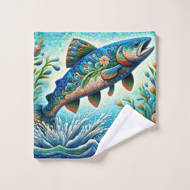 Lachs Jumping Mosaic Floral Blue Green Peach Waschlappen (Waschlappen)