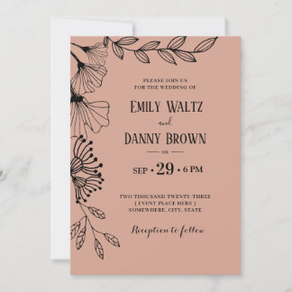 Lachs Pink Botanische Einfache Doodle Blumenhochze Einladung