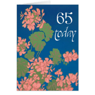 Lachs Pink Geraniums auf Deep Blue, 65. Geburtstag