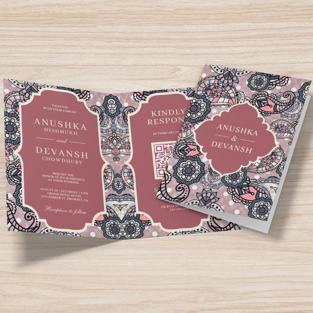Lachs Pink Paisley Muster QR Code Indian Wedding Einladung (Von Creator hochgeladen)