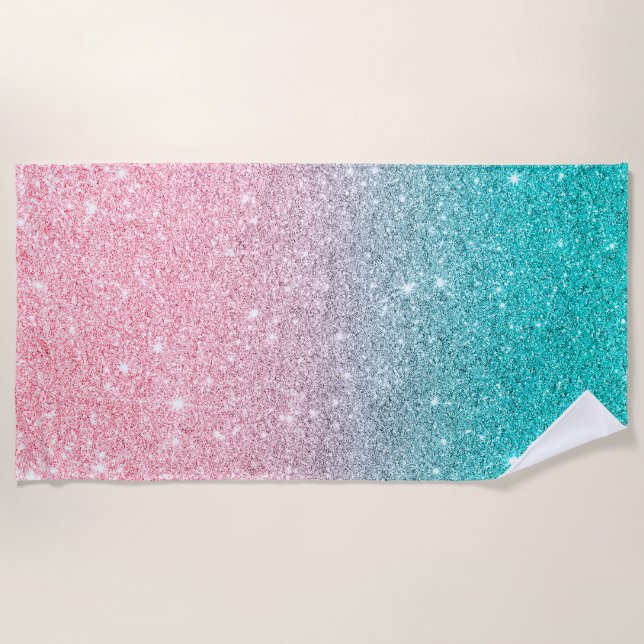 Lachs Pink & Türkise Ombre Imitate Glitzer Strandtuch (Vorderseite)