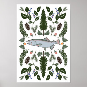 Lachs PNW Nature Fir Ferns Berries Forest Forage Poster
