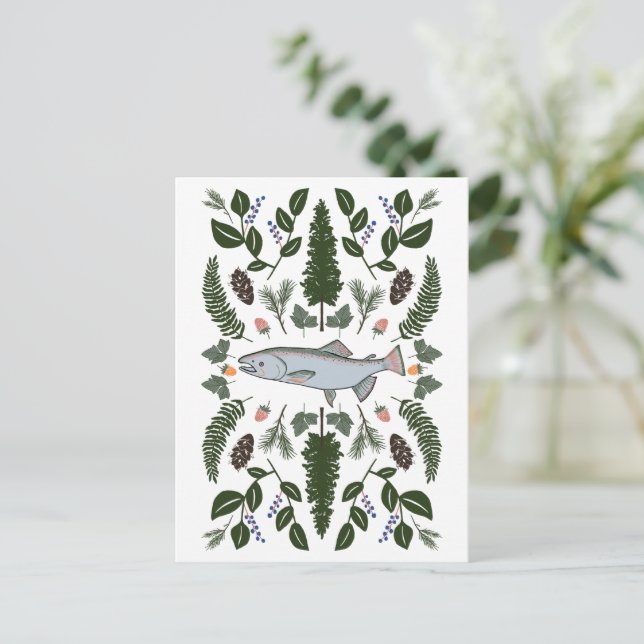 Lachs PNW Nature Fir Ferns Berries Fressfest Postkarte (Stehend Vorderseite)