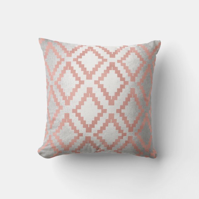 Lachs Rosa Rose Gold Ethnischer Blush Grau Silber Kissen (Vorderseite)