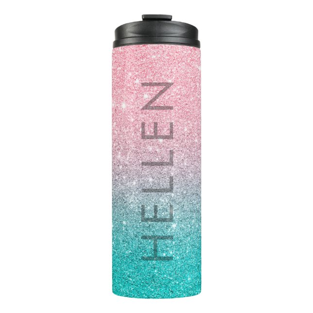 Lachs Rosa und Türkis Glitzer ombre Thermosbecher (Vorderseite)