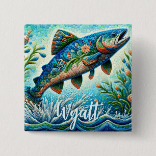 Lachs Springender Mosaik-Blumenmuster Blau Persona Button