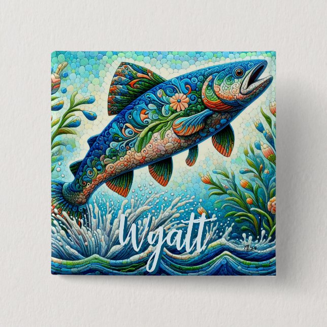 Lachs Springender Mosaik-Blumenmuster Blau Persona Button (Vorderseite)