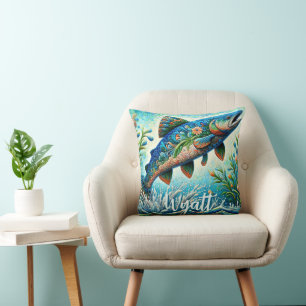 Lachs Springender Mosaik-Blumenmuster Blau Persona Kissen