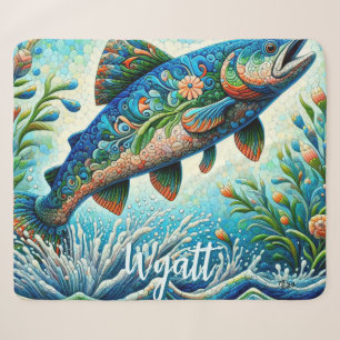 Lachs Springender Mosaik-Blumenmuster Blau Persona Sherpadecke