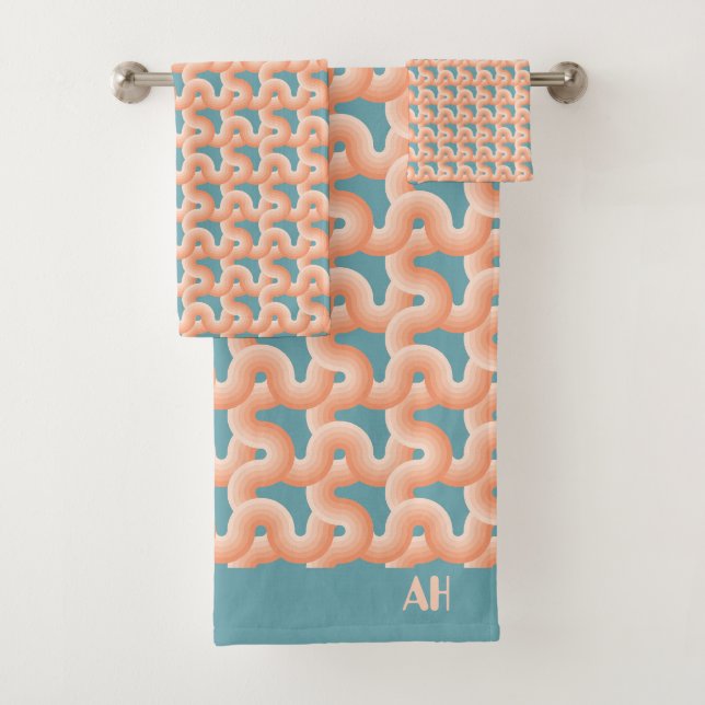 Lachs und Aquamarine KNOT-Monogramm Badhandtuch Set (Insitu)