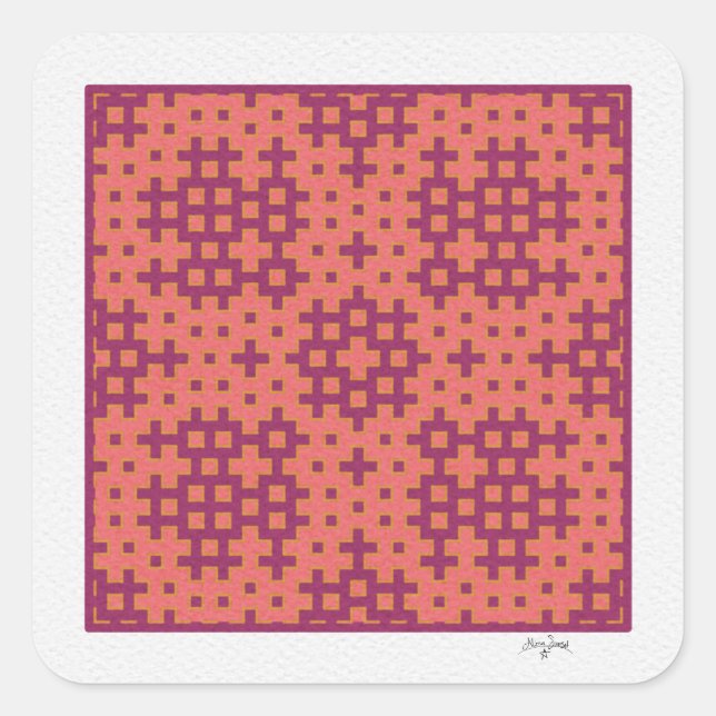 Lachs und Fuchsia Hitomezashi geometrische Fliese Quadratischer Aufkleber (Vorderseite)
