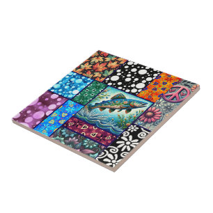 Lachs Verrückte Patchwork-Blumen-Whimsical-Bunt Fliese