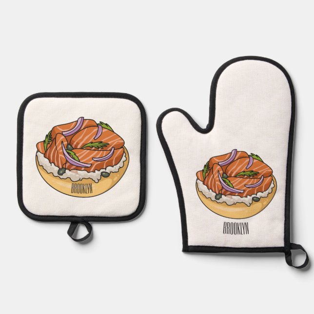 Lachsbagel-Cartoon Ofenhandschuh & Topflappen-Set (Vorderseite)