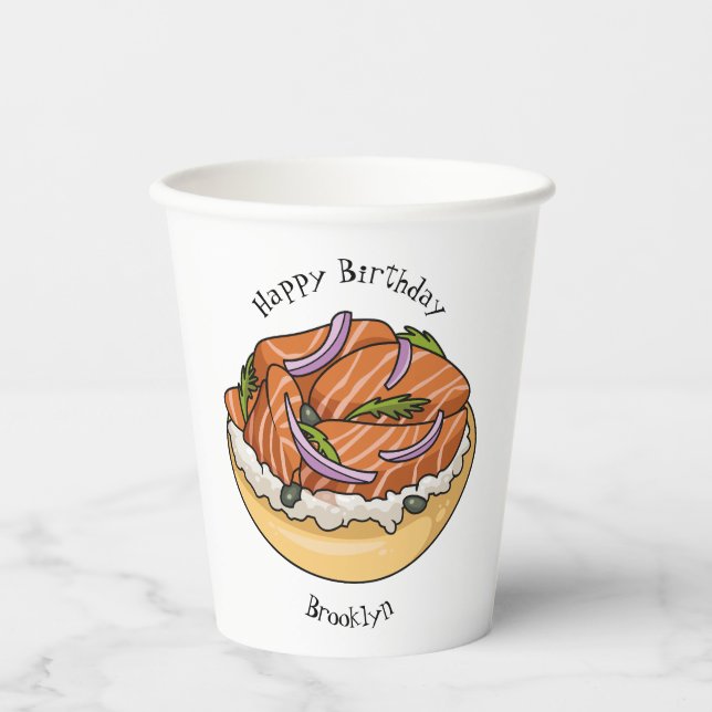 Lachsbagel-Cartoon Pappbecher (Vorderseite)