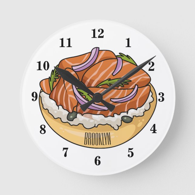 Lachsbagel-Cartoon Runde Wanduhr (Vorderseite)
