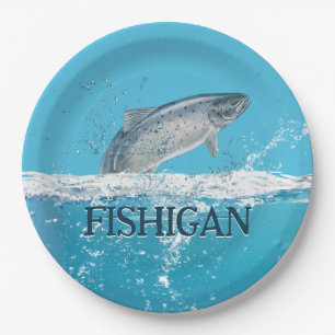 Lachsfisch in Wasser mit Michigan-Text Pappteller