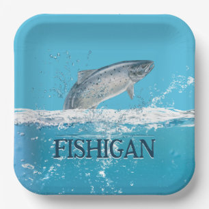 Lachsfisch in Wasser mit Michigan-Text Pappteller
