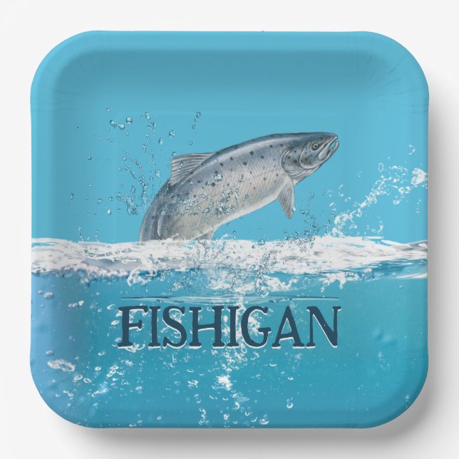 Lachsfisch in Wasser mit Michigan-Text Pappteller (Vorderseite)