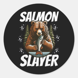 Lachsvernichter Lustiger Bär Fischen Lachs Fisch Runder Aufkleber