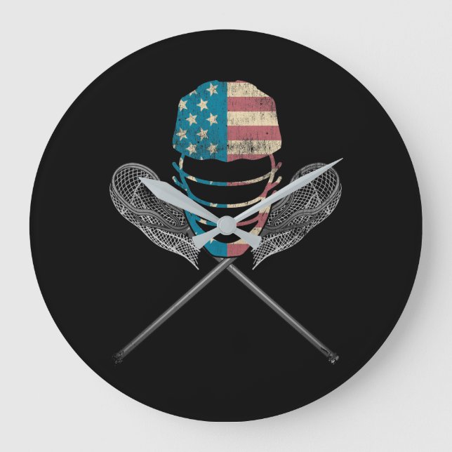 Lacrosse American Flag Lax Helmet and Stick Große Wanduhr (Vorderseite)
