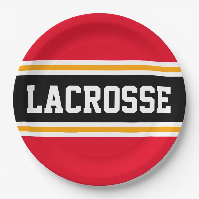 LACROSSE Bright Red Black Yellow Racing Stripes Pappteller (Vorderseite)