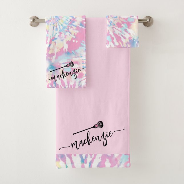 Lacrosse Girls Rosa Gefärbte Krawatte Personalisie Badhandtuch Set (Insitu)