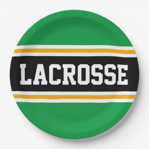 LACROSSE Hellgrüne, schwarz-gelbe Racing Streifen Pappteller