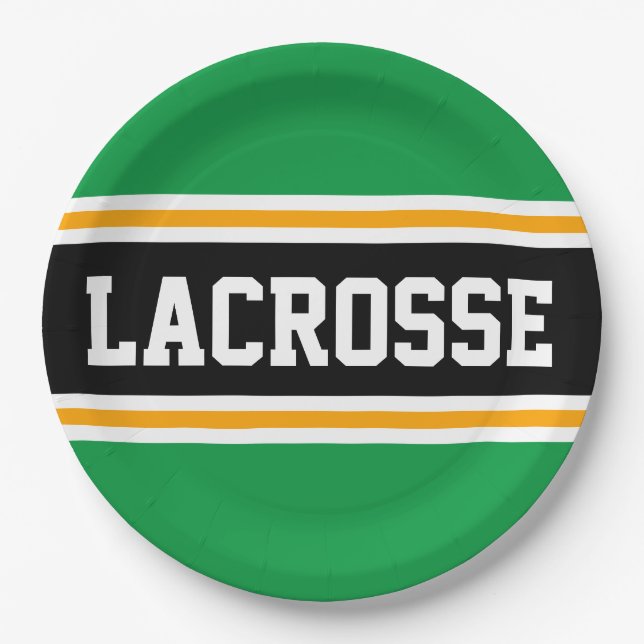 LACROSSE Hellgrüne, schwarz-gelbe Racing Streifen Pappteller (Vorderseite)