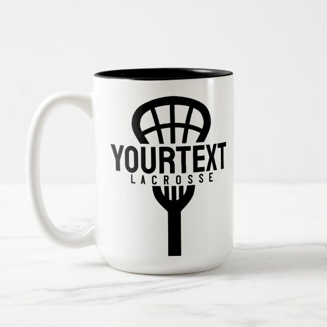 Lacrosse Player CUSTOM TEXT Team Mesh Sport Stick  Zweifarbige Tasse (Links)