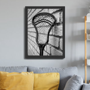 Lacrosse-Schlägerkopf Schwarz Weiß Backsteinmauer Poster