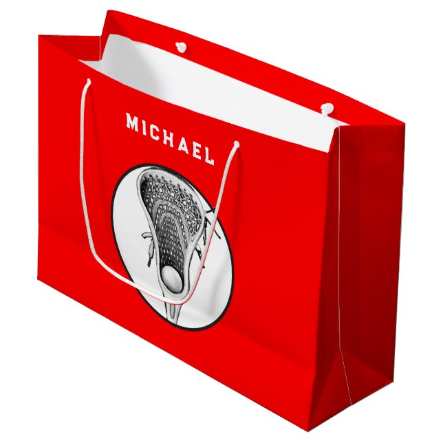 Lacrosse Sports Red Large Gift Bag Große Geschenktüte (Vorderseite Schrägansicht)