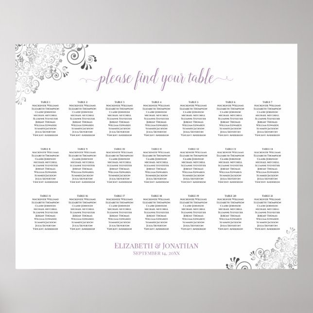Lacy 21 Table Wedding Seating Chart White Lavender Poster (Vorne)
