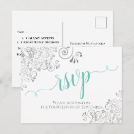 Lacy Aqua Calligraphy on White Wedding RSVP Postkarte
