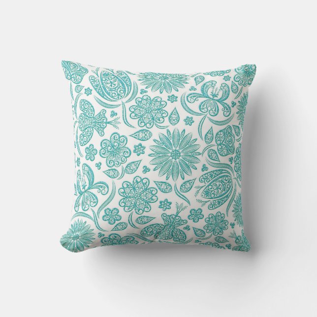 Lacy aquamarines Aqua-Blumenmuster-Kissen Kissen (Vorderseite)