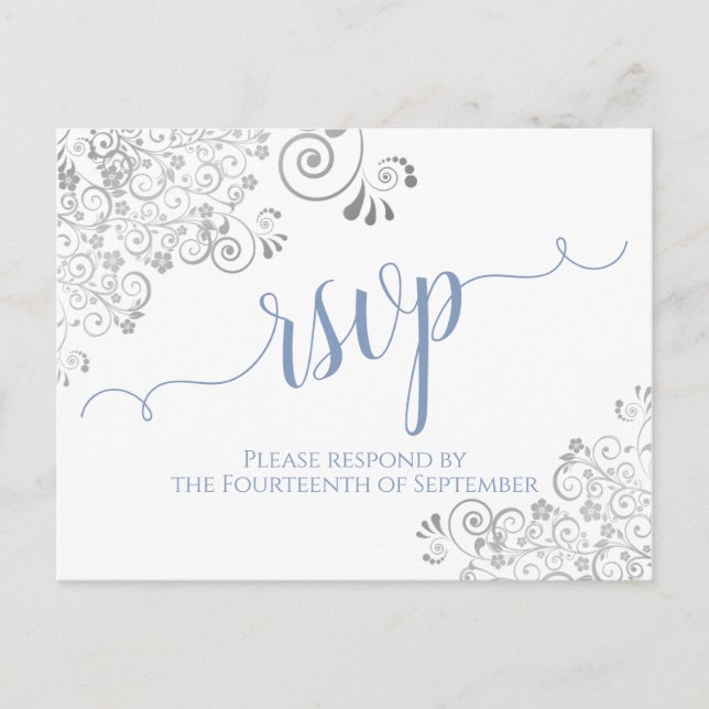 Lacy Calligraphy Light Blue on White Wedding RSVP Postkarte (Vorderseite)