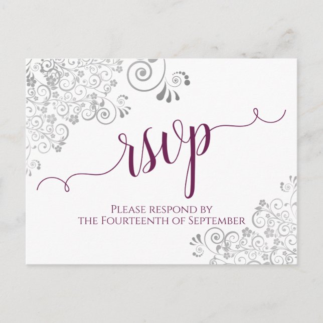Lacy Calligraphy Magenta & White Wedding RSVP Postkarte (Vorderseite)