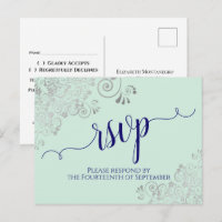 Lacy Calligraphy Navy Blue on Mint Wedding RSVP