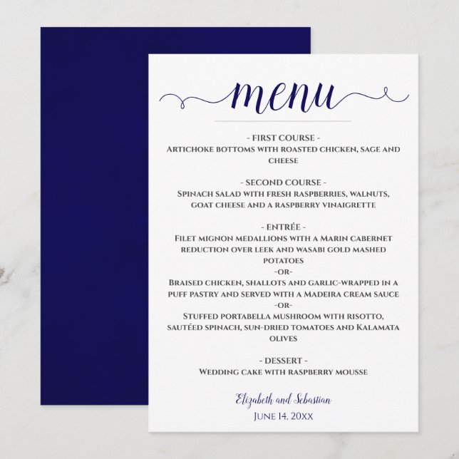 Lacy Calligraphy Navy Blue & White Wedding Menükarte (Vorne/Hinten)