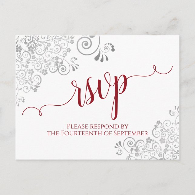 Lacy Calligraphy Red & White Wedding RSVP Postkarte (Vorderseite)