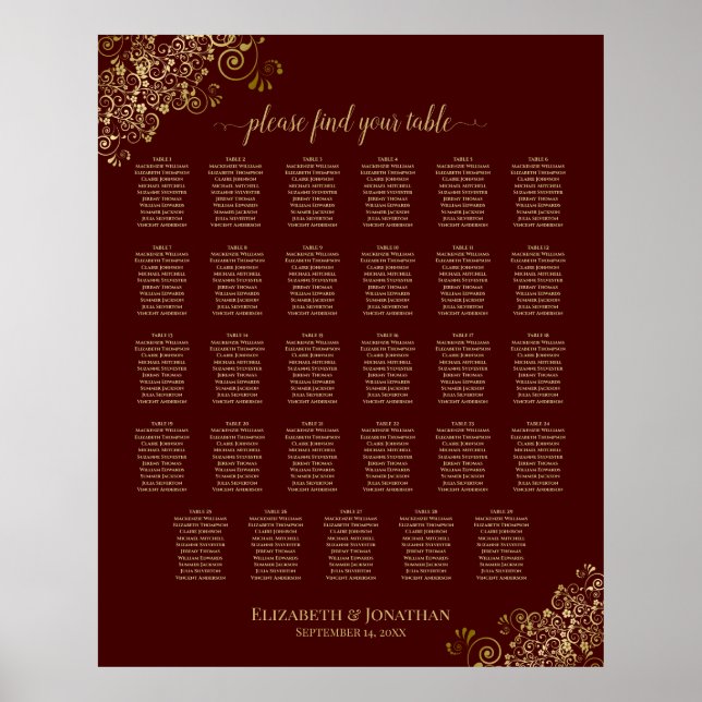 Lacy Gold 29 Table Wedding Seating Chart Auburn Poster (Vorne)