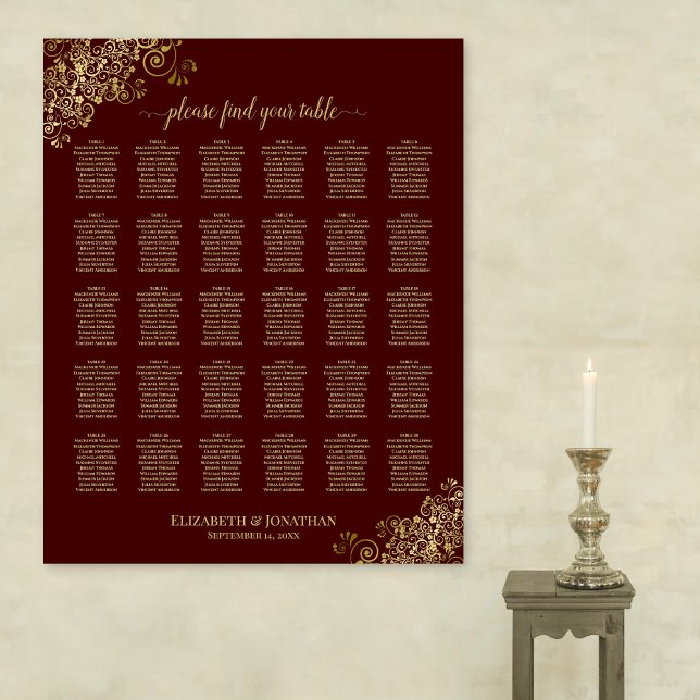 Lacy Gold 30 Table Wedding Seating Chart Auburn Poster (In Situ on Wall)