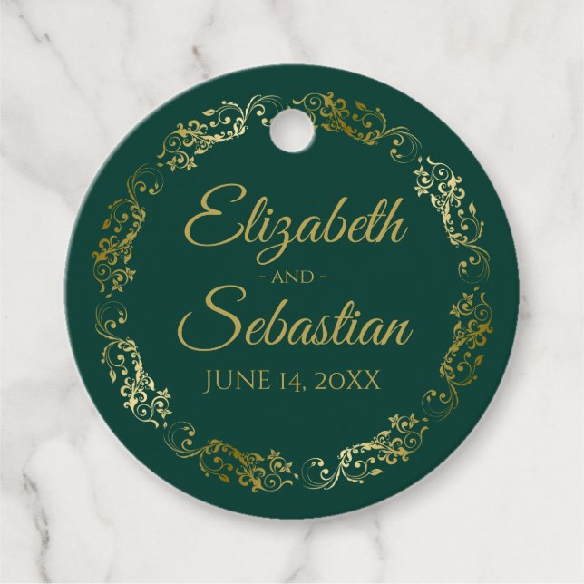 Lacy Gold Border Elegant Emerald Green Wedding Geschenkanhänger (Vorderseite)