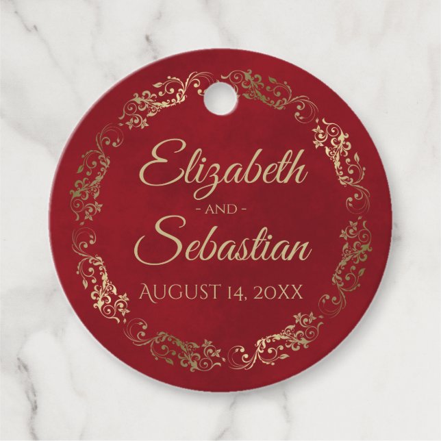Lacy Gold Border Elegante Crimson Red Wedding Geschenkanhänger (Vorderseite)
