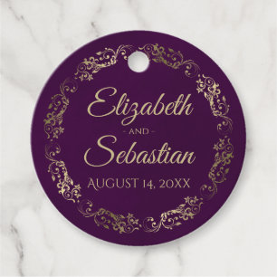 Lacy Gold Border Elegante Plum Lila Hochzeit Geschenkanhänger