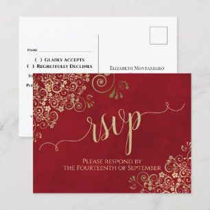 Lacy Gold Calligraphy Elegant Red Wedding RSVP Postkarte