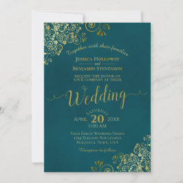 Lacy Gold Calligraphy Elegant Teal Wedding Einladung