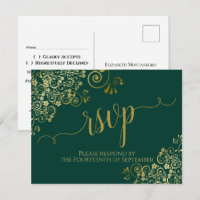 Lacy Gold Calligraphy Emerald Green Wedding RSVP