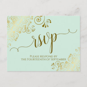 Lacy Gold Calligraphy Pale Mint Green Wedding RSVP Postkarte